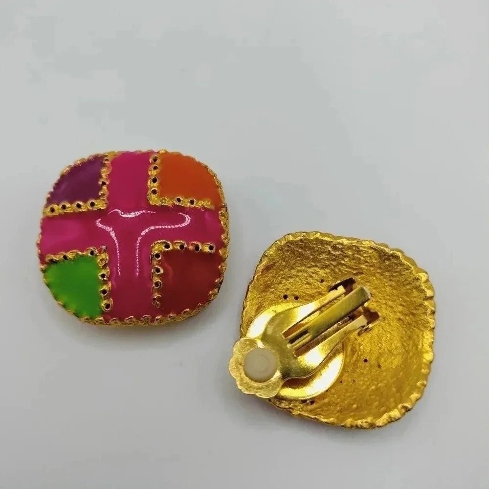 Gold Tone Fashion Multicolored Enamel Patchwork Abstract Art Pattern Earrings 1